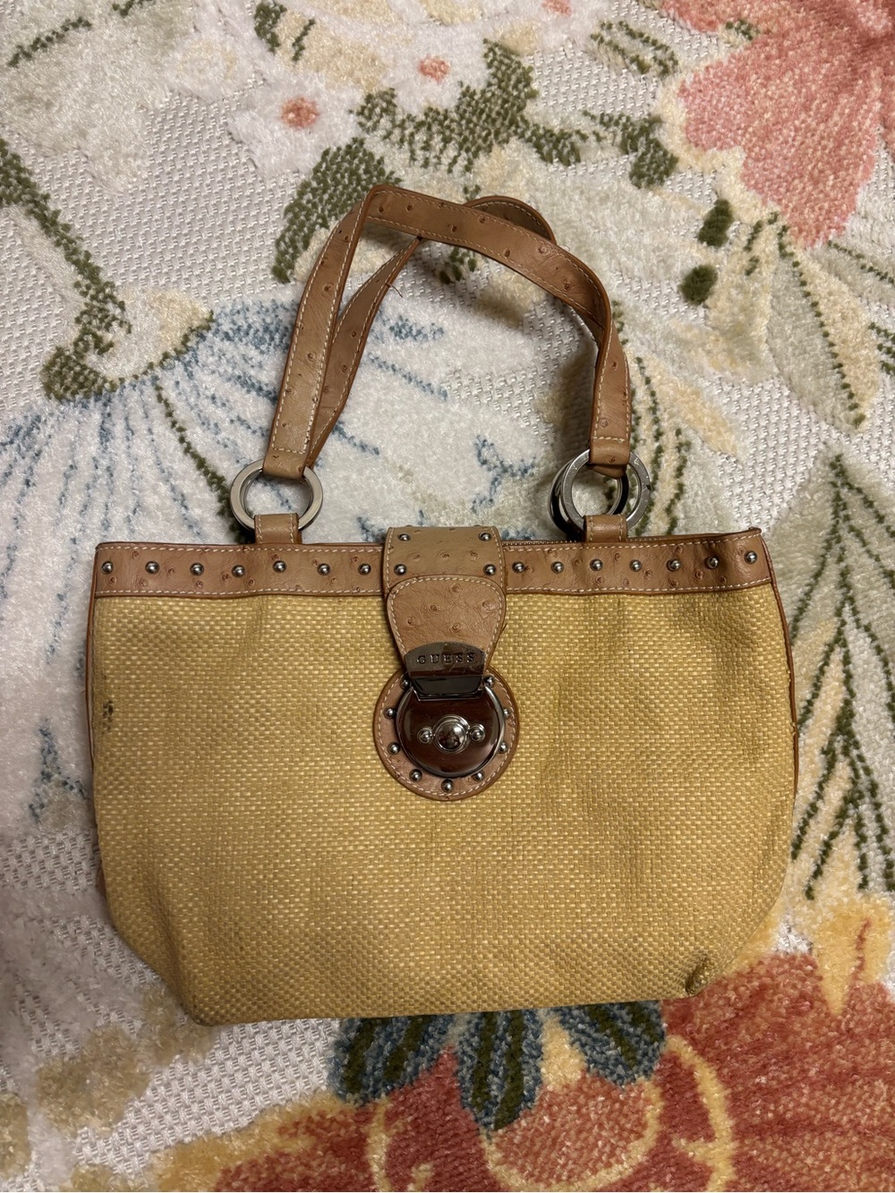 Guess Yellow Canvas Shoulder Bag with Tan Leather Trim